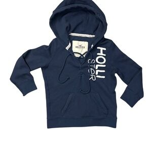 Hollister Womens Navy Blue Lace Up Hoodie Sweatshirt Surf Graphic Size Medium